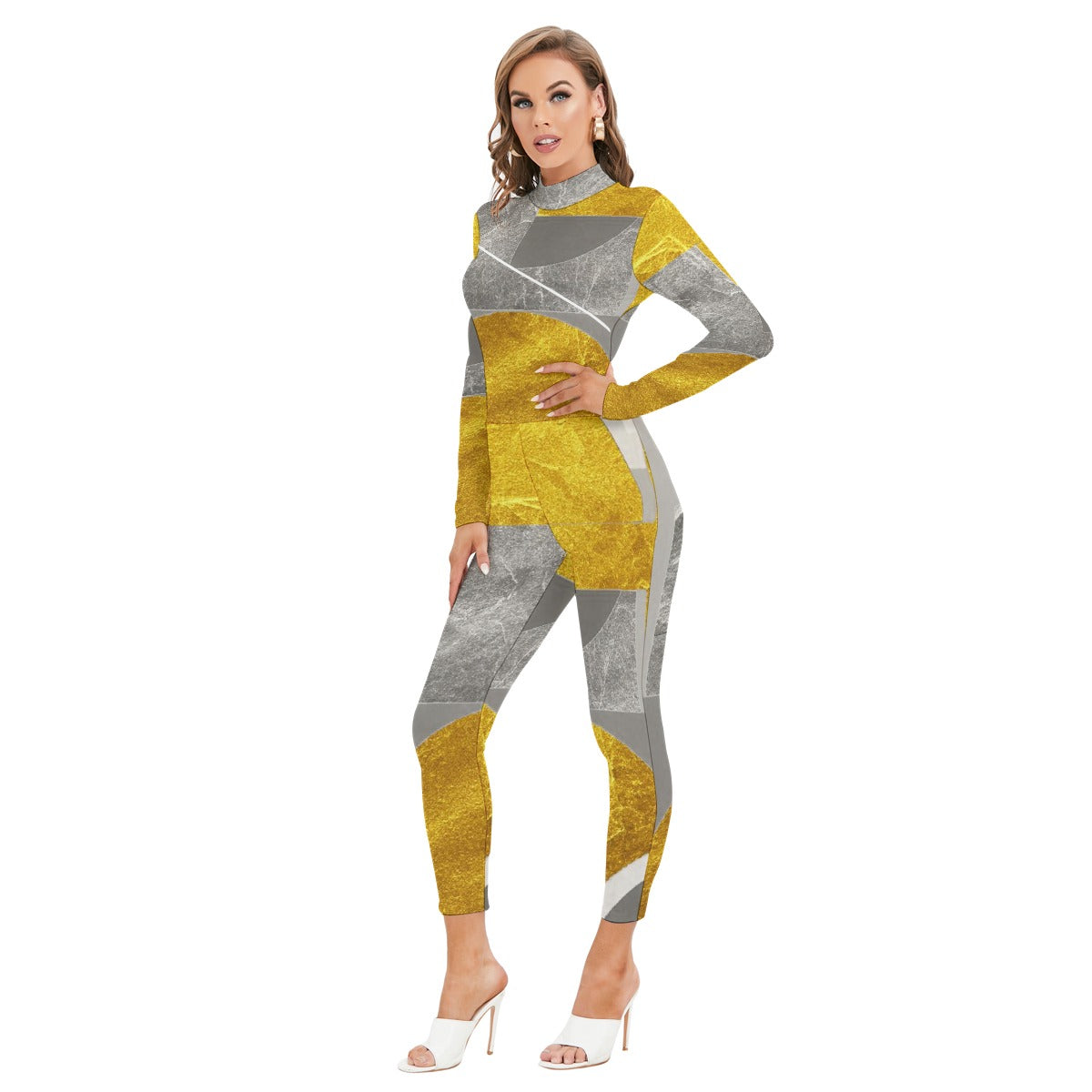 All-Over Print Women's Long-sleeved High-neck Jumpsuit With Zipper