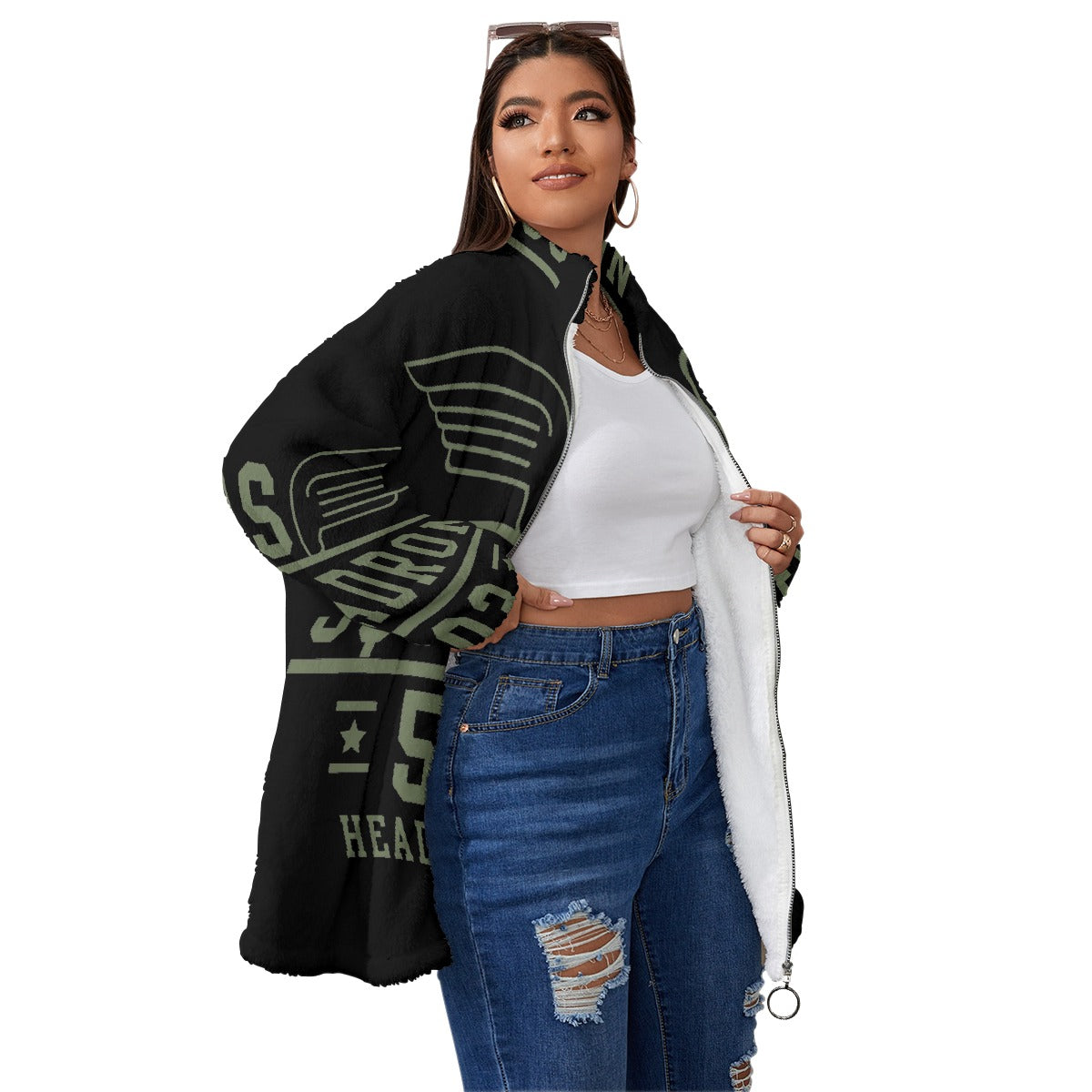 All-Over Print Unisex Borg Fleece Stand-up Collar Coat With Zipper Closure(Plus Size)