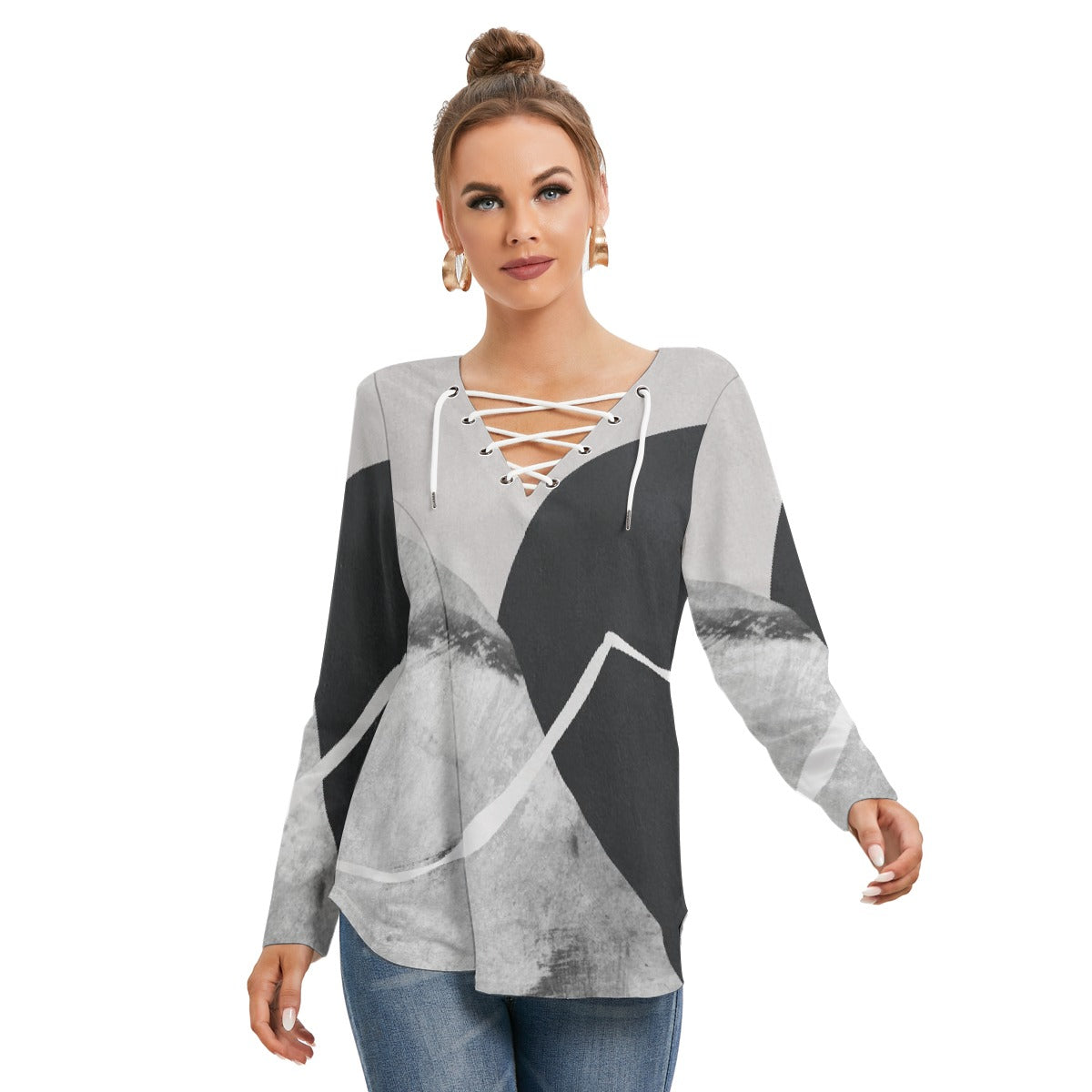 All-Over Print Women's Long Sleeve Neckline Tie Sweatshirt