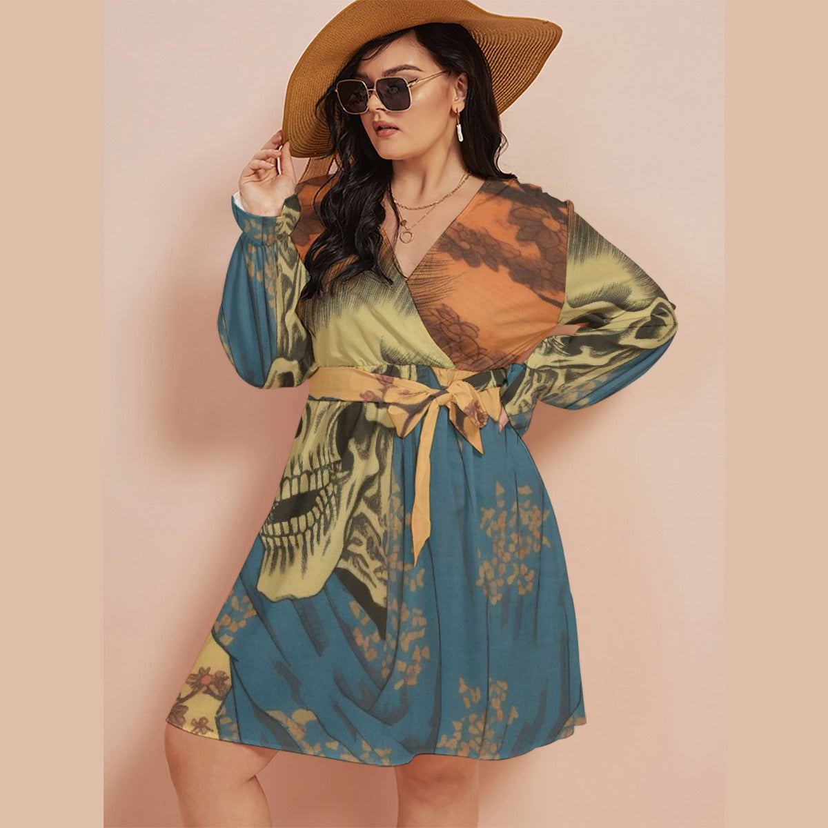 All-Over Print Women's V-neck Dress With Waistband(Plus Size)