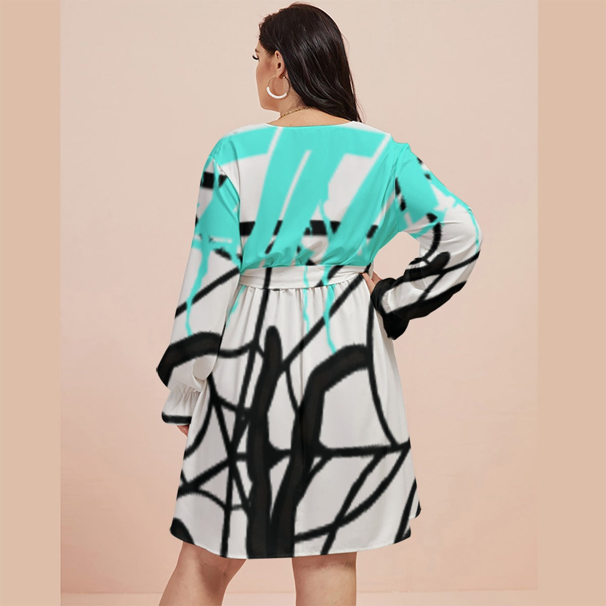 All-Over Print Women's V-neck Dress With Waistband(Plus Size)