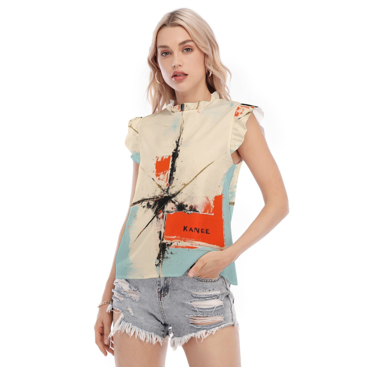 All-Over Print Women's Blouse With Ruffle Collar And Sleeve