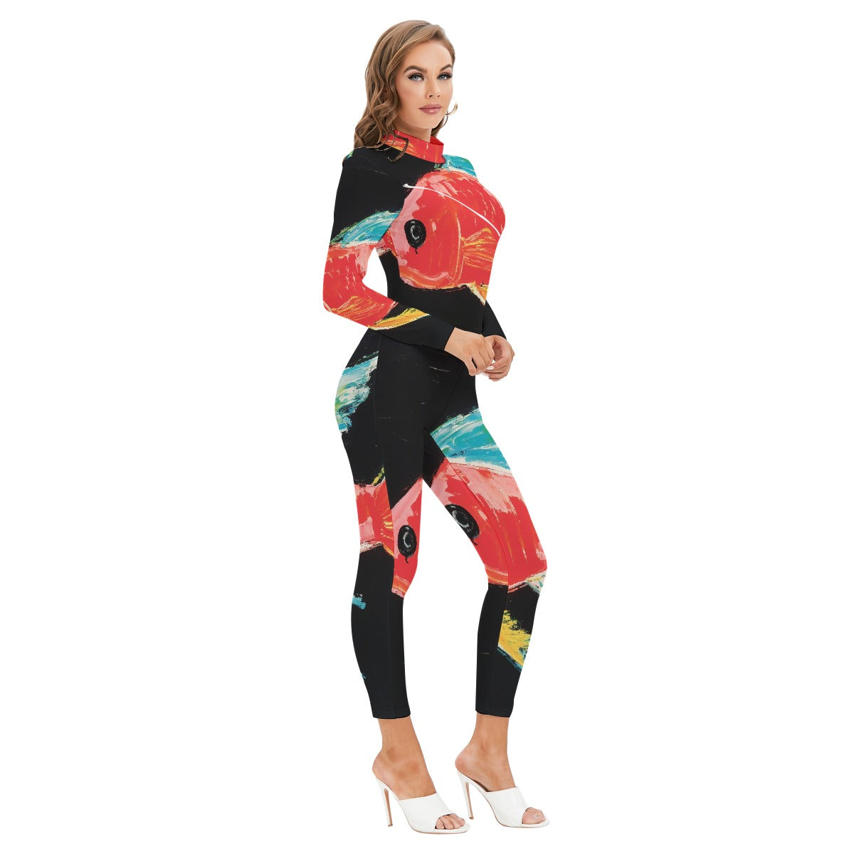 All-Over Print Women's Long-sleeved High-neck Jumpsuit With Zipper