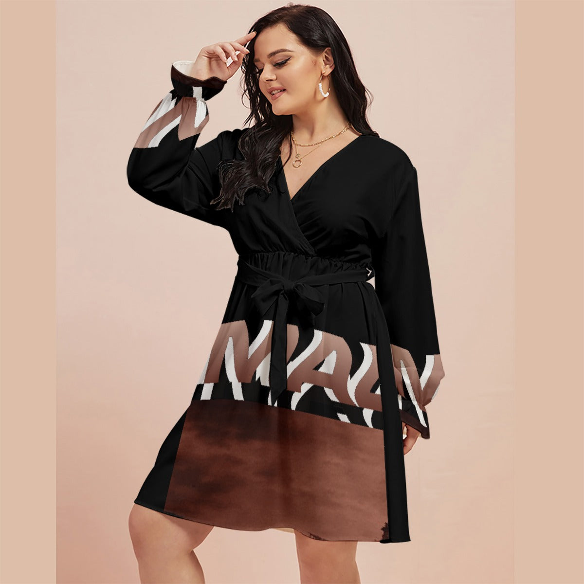 All-Over Print Women's V-neck Dress With Waistband(Plus Size)