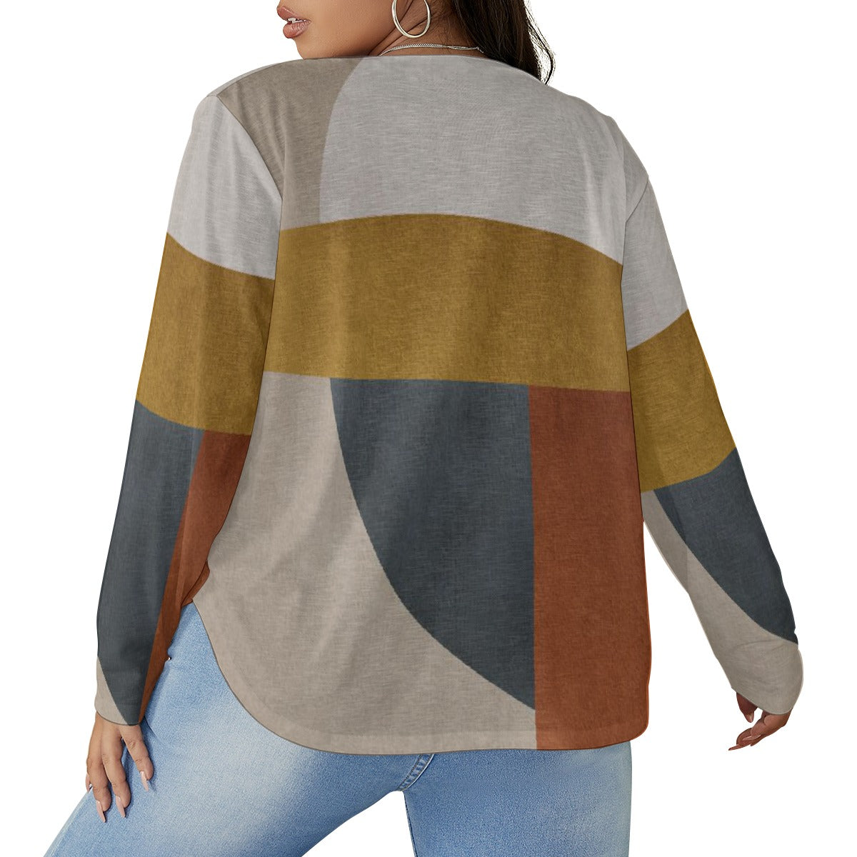 All-Over Print Women's V-neck T-shirt With Curved Hem(Plus Size)