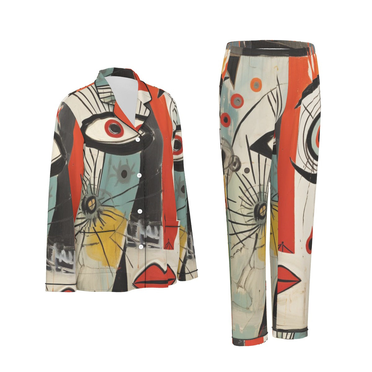 All-Over Print Women's Long Sleeve Pajama Set With Black Contrast Piping