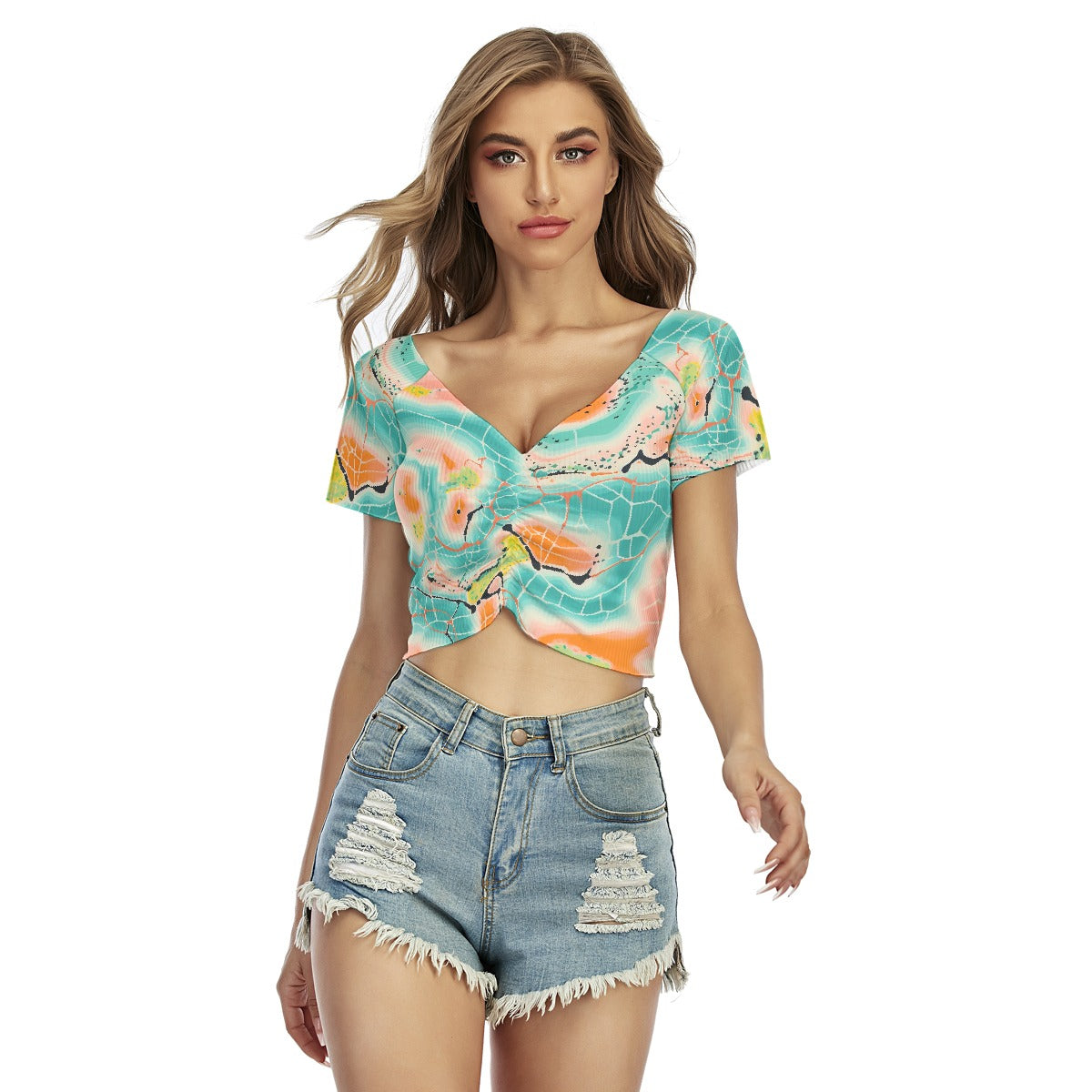 All-Over Print Women's Raglan Drawstring Front  Crop Tee