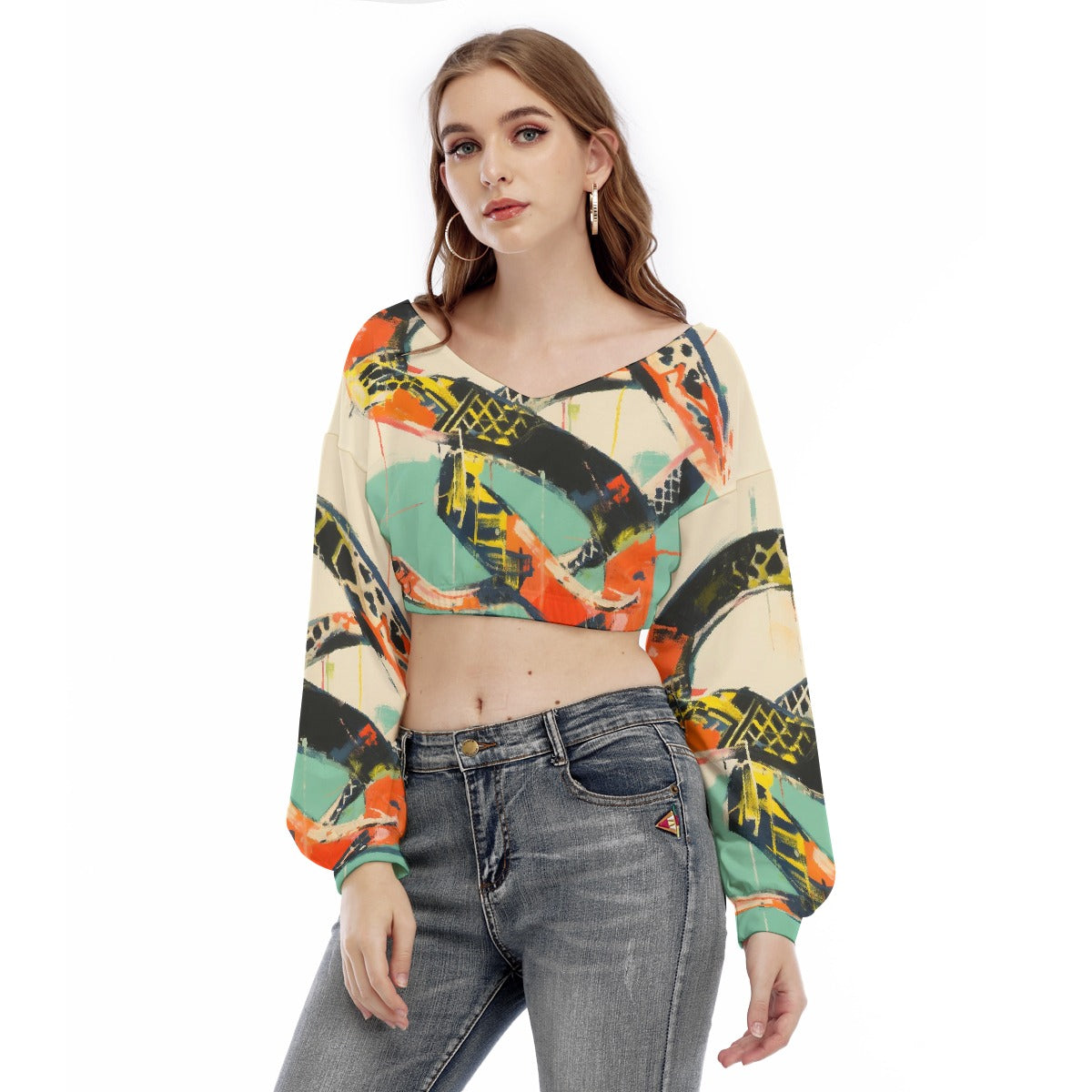 All-Over Print Women's V-neck Long Sleeve Cropped Sweatshirt
