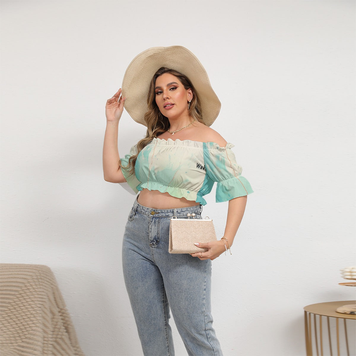 All-Over Print Women's Off-shoulder Cropped Top With Short Puff Sleeve