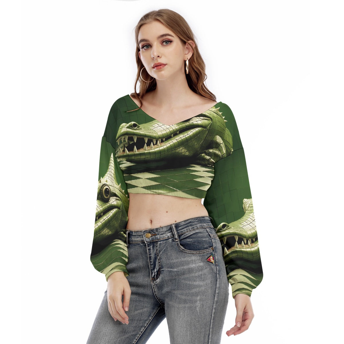 All-Over Print Women's V-neck Long Sleeve Cropped Sweatshirt