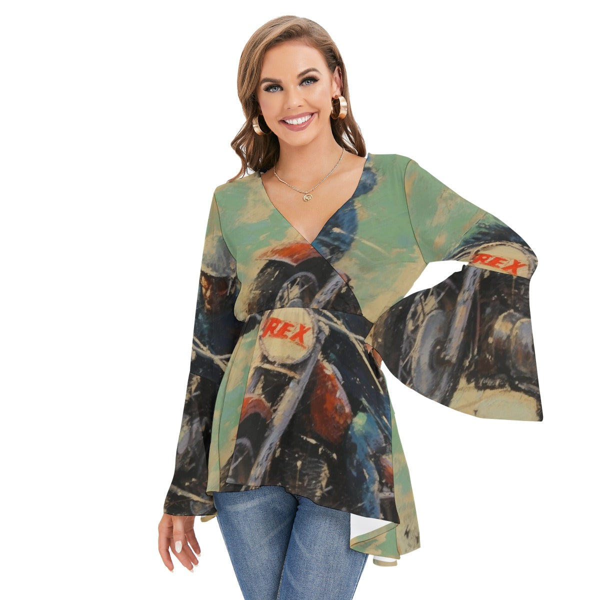 All-Over Print Women's V-neck Blouse With Flared Sleeves