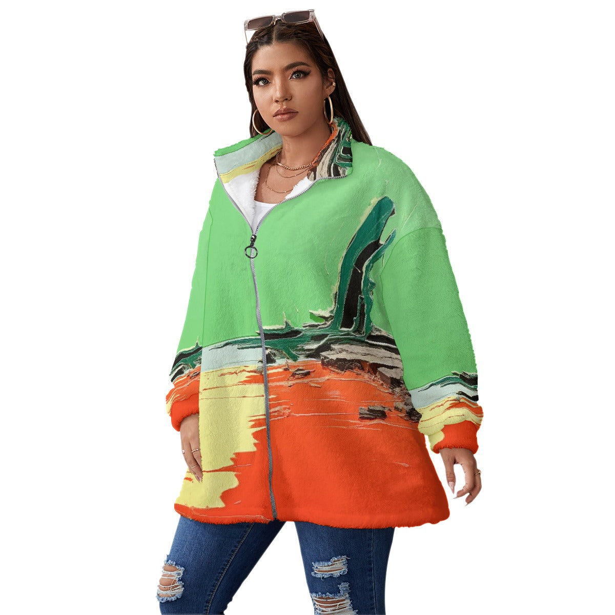 All-Over Print Unisex Borg Fleece Stand-up Collar Coat With Zipper Closure(Plus Size)