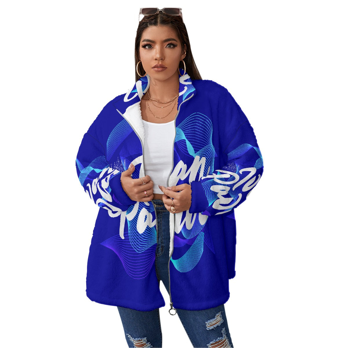 All-Over Print Unisex Borg Fleece Stand-up Collar Coat With Zipper Closure(Plus Size)