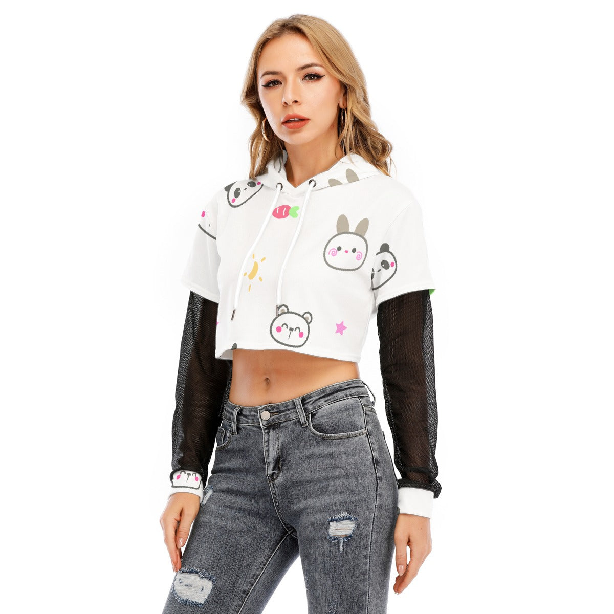 All-Over Print Women's Fake Two-piece Mesh Sleeve Cropped Hoodie