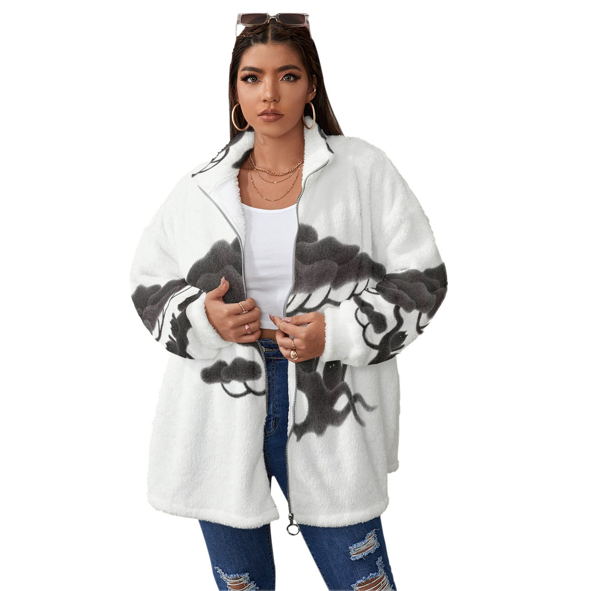 All-Over Print Unisex Borg Fleece Stand-up Collar Coat With Zipper Closure(Plus Size)