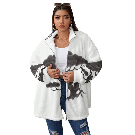 All-Over Print Unisex Borg Fleece Stand-up Collar Coat With Zipper Closure(Plus Size)