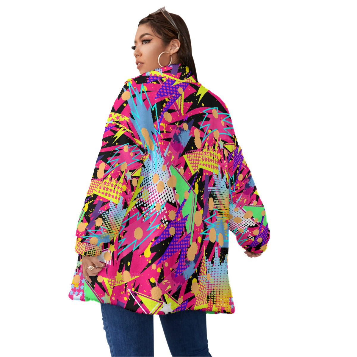 All-Over Print Unisex Borg Fleece Stand-up Collar Coat With Zipper Closure(Plus Size)