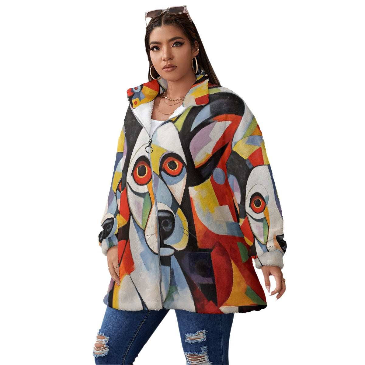 All-Over Print Unisex Borg Fleece Stand-up Collar Coat With Zipper Closure(Plus Size)