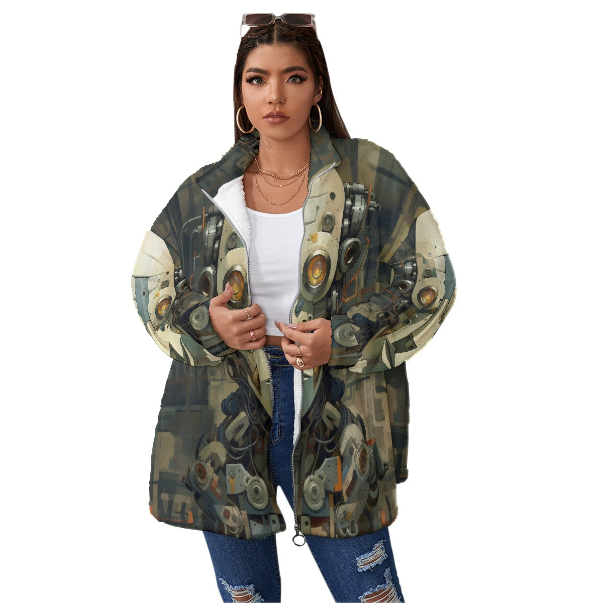 All-Over Print Unisex Borg Fleece Stand-up Collar Coat With Zipper Closure(Plus Size)