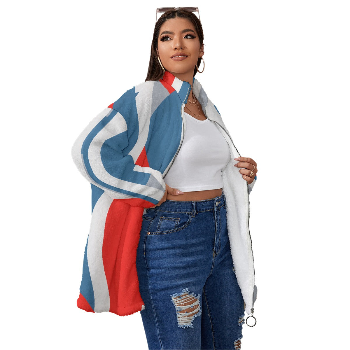 All-Over Print Unisex Borg Fleece Stand-up Collar Coat With Zipper Closure(Plus Size)