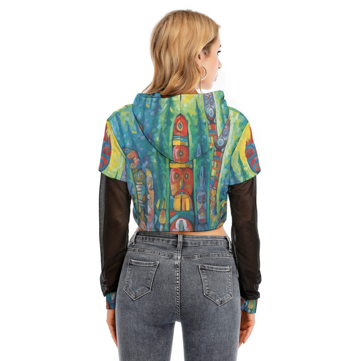 All-Over Print Women's Fake Two-piece Mesh Sleeve Cropped Hoodie