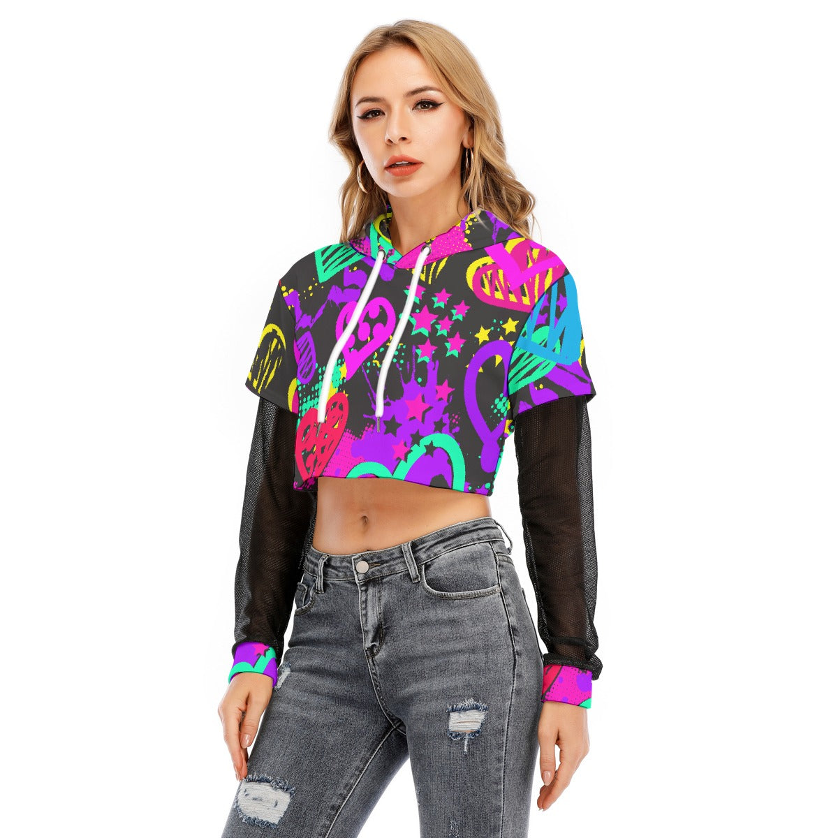 All-Over Print Women's Fake Two-piece Mesh Sleeve Cropped Hoodie