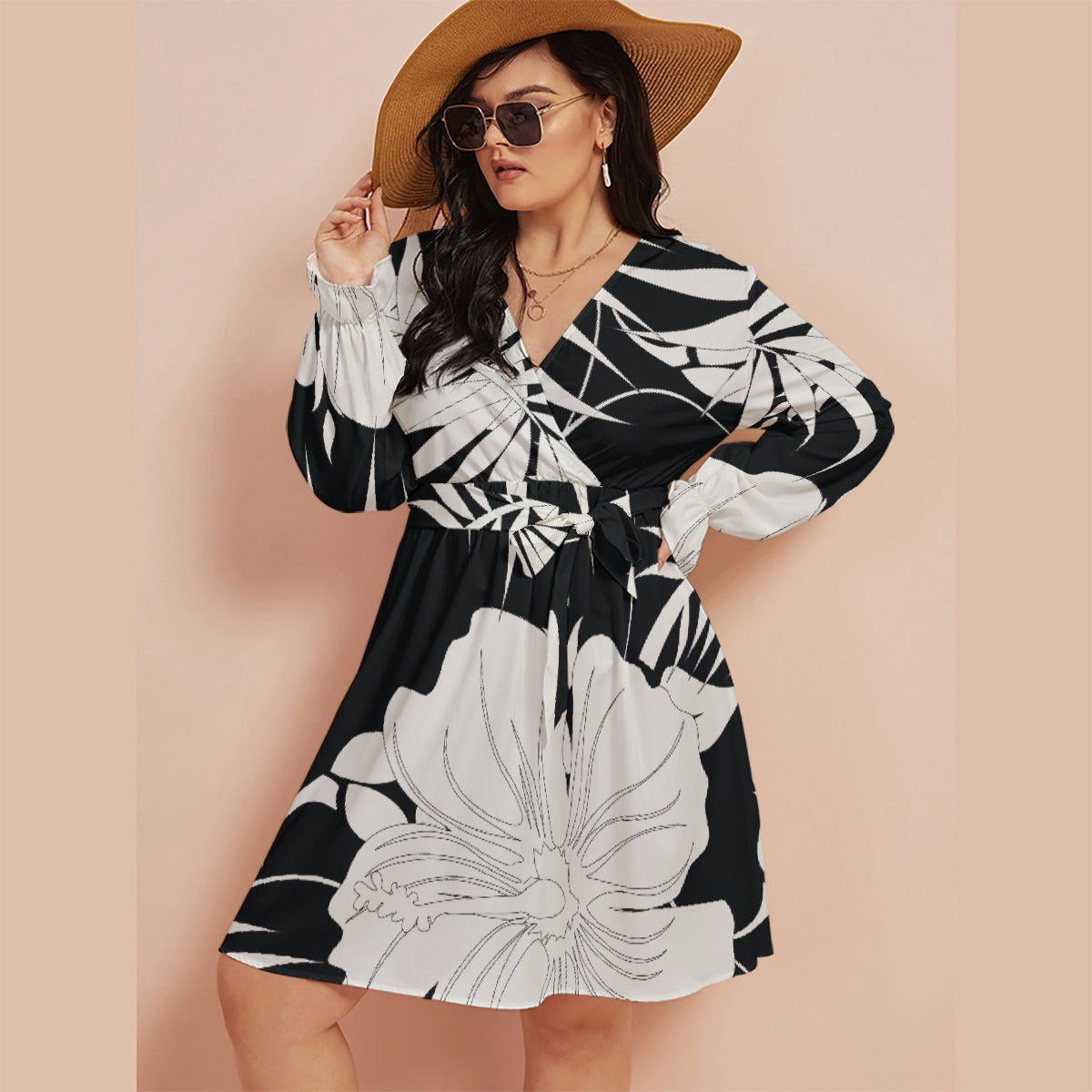 All-Over Print Women's V-neck Dress With Waistband(Plus Size)