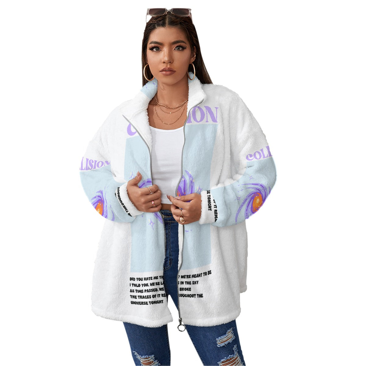 All-Over Print Unisex Borg Fleece Stand-up Collar Coat With Zipper Closure(Plus Size)