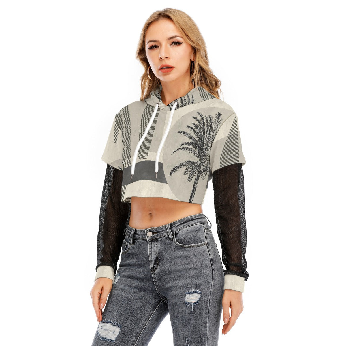 All-Over Print Women's Fake Two-piece Mesh Sleeve Cropped Hoodie