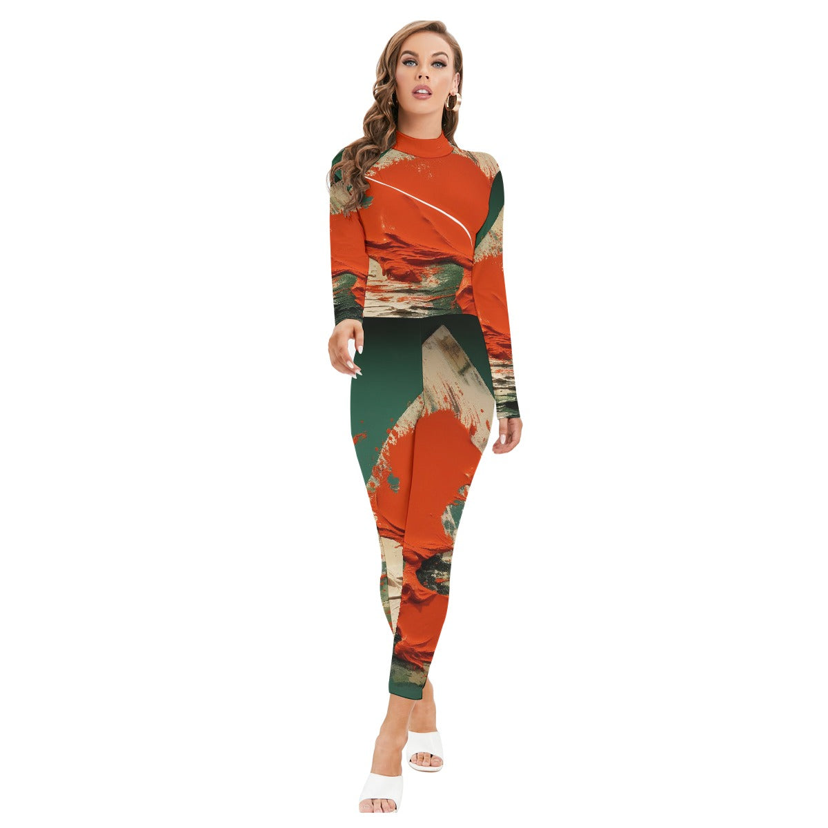 All-Over Print Women's Long-sleeved High-neck Jumpsuit With Zipper