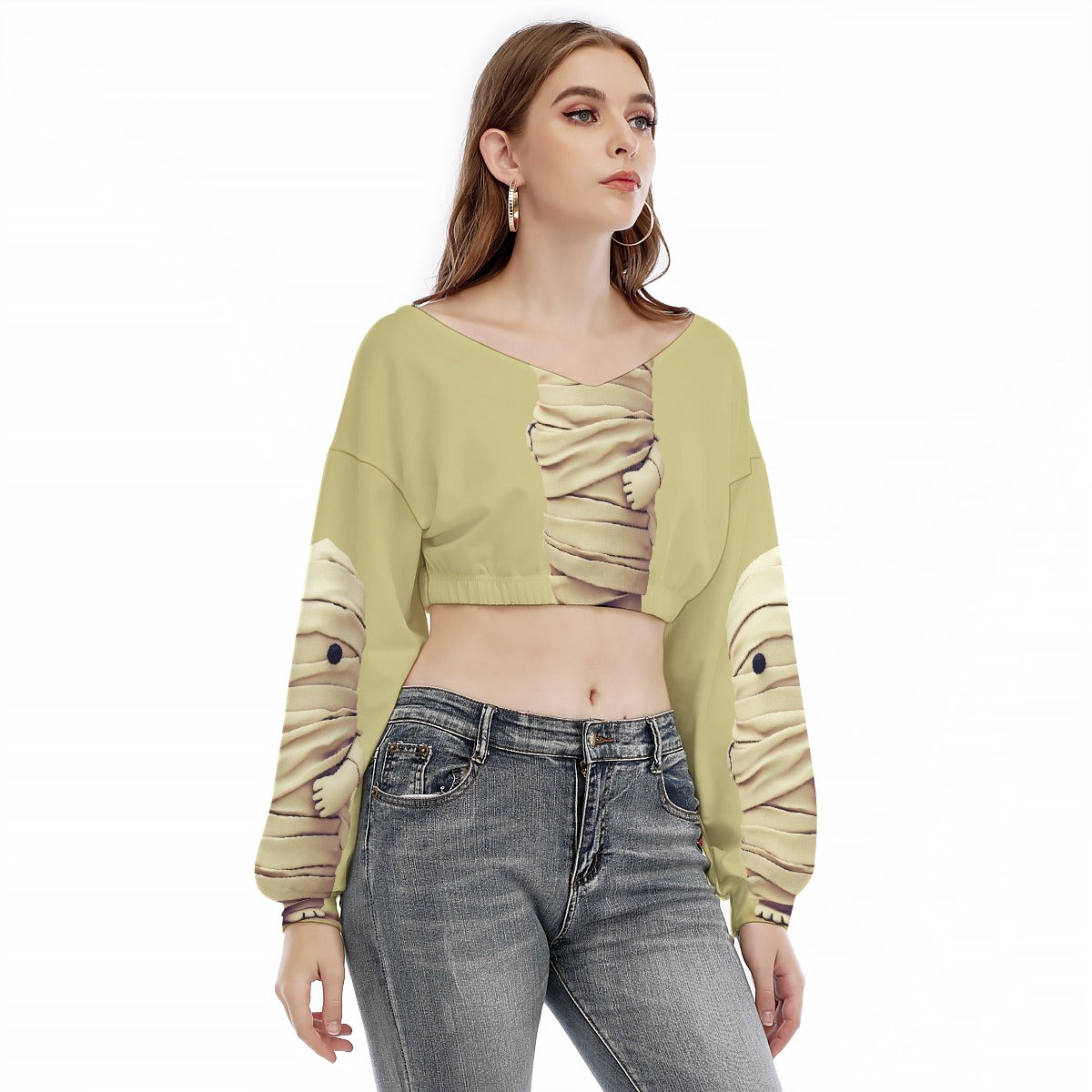 All-Over Print Women's V-neck Long Sleeve Cropped Sweatshirt