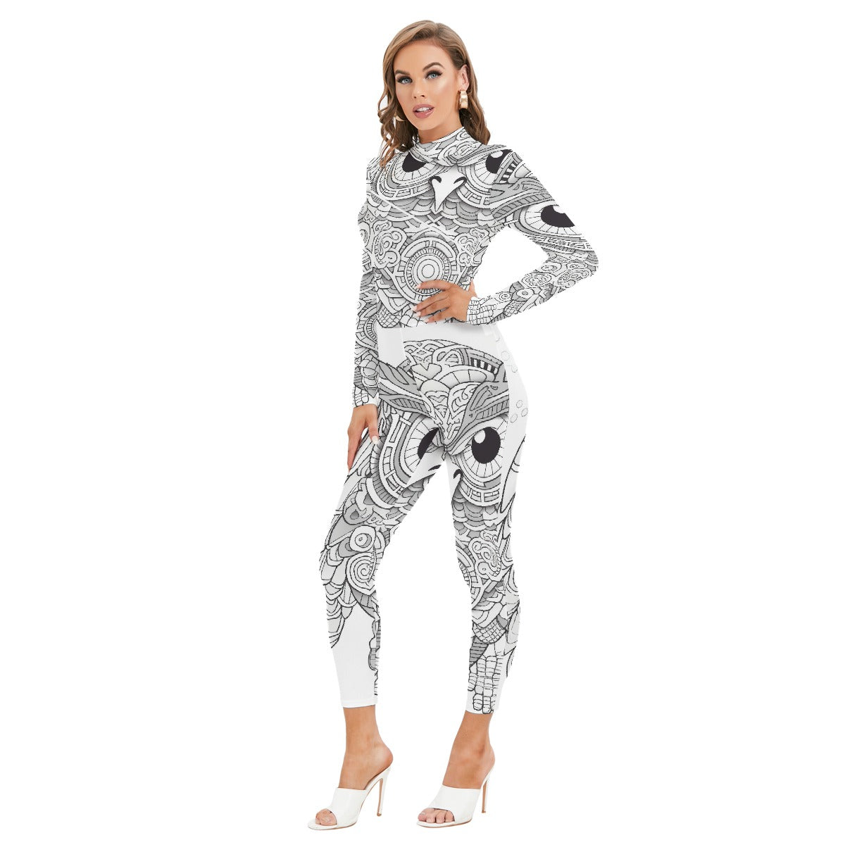 All-Over Print Women's Long-sleeved High-neck Jumpsuit With Zipper