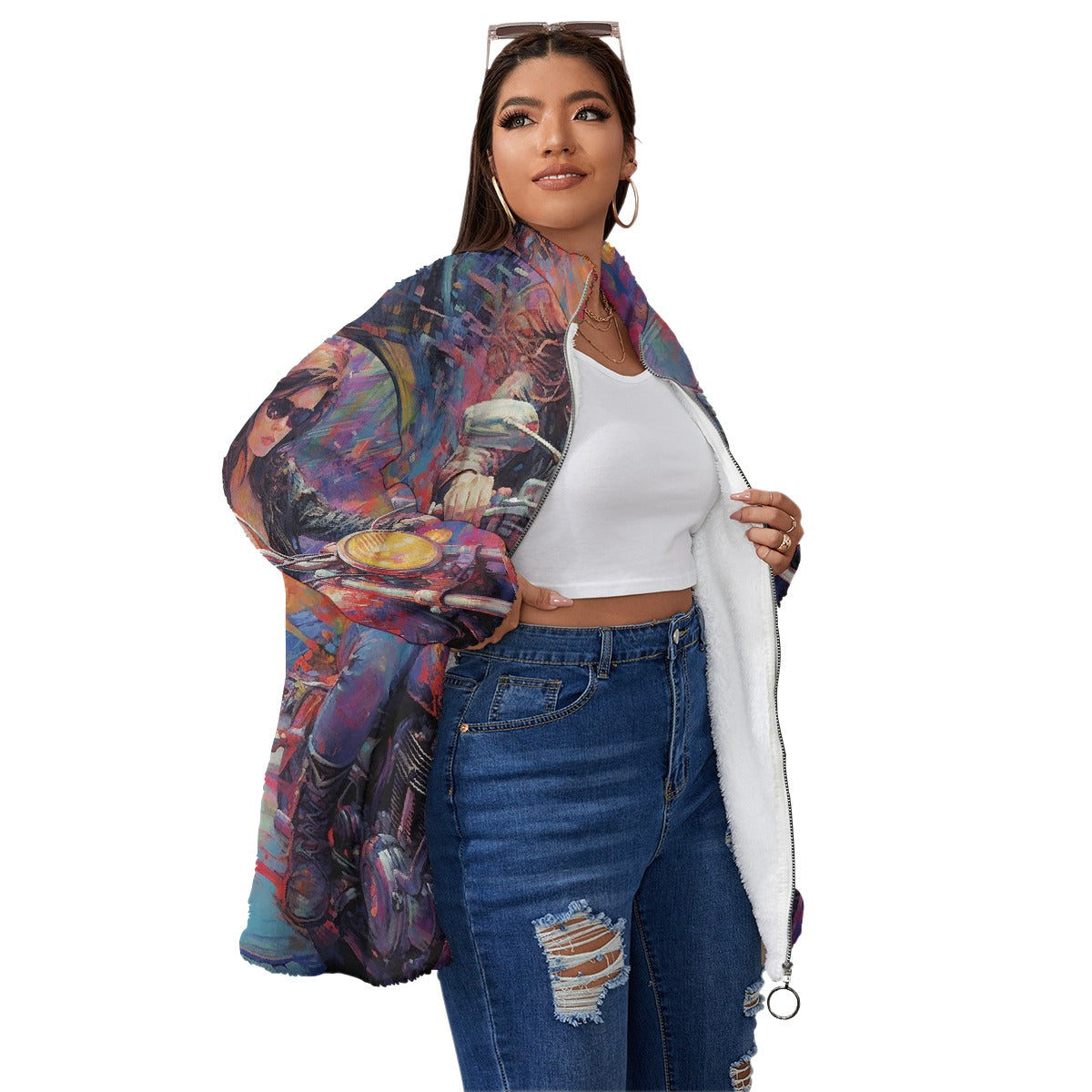 All-Over Print Unisex Borg Fleece Stand-up Collar Coat With Zipper Closure(Plus Size)