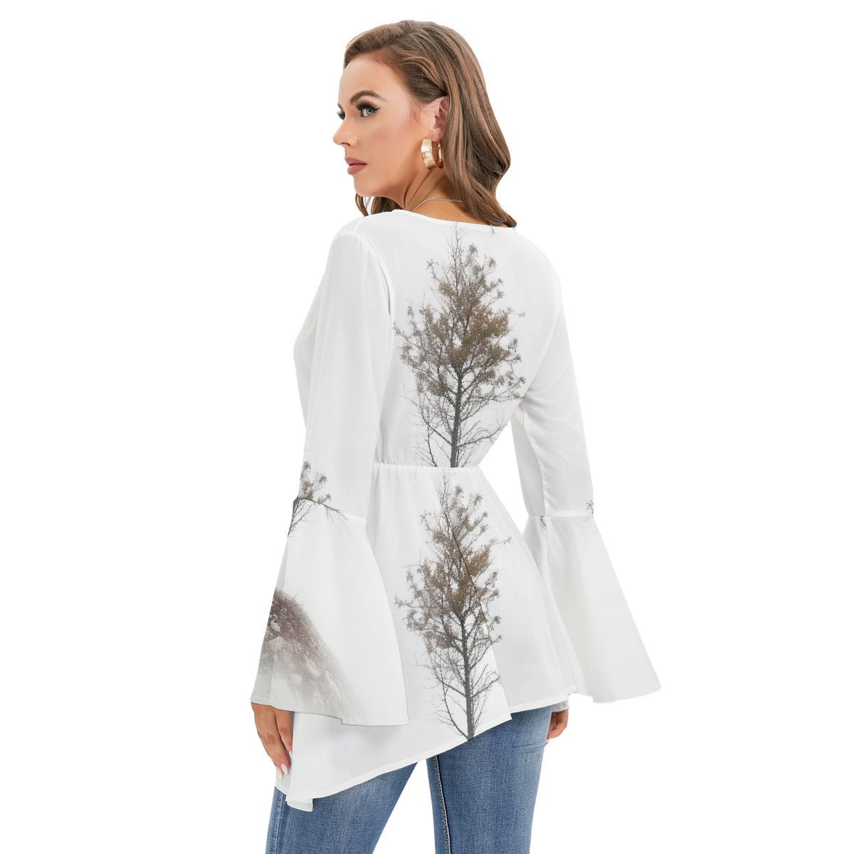 All-Over Print Women's V-neck Blouse With Flared Sleeves