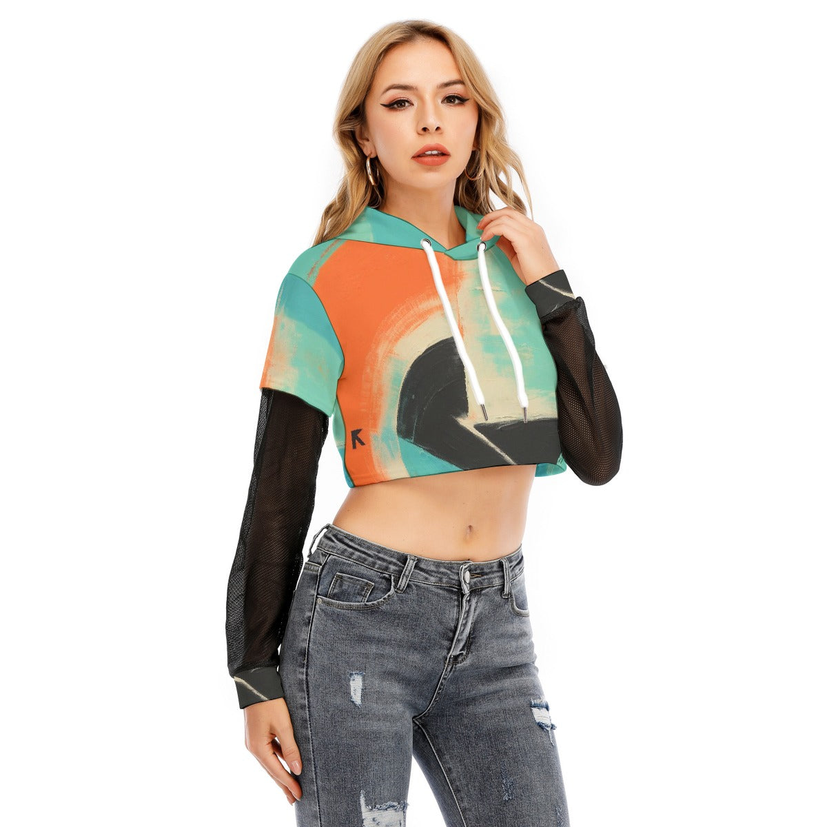 All-Over Print Women's Fake Two-piece Mesh Sleeve Cropped Hoodie