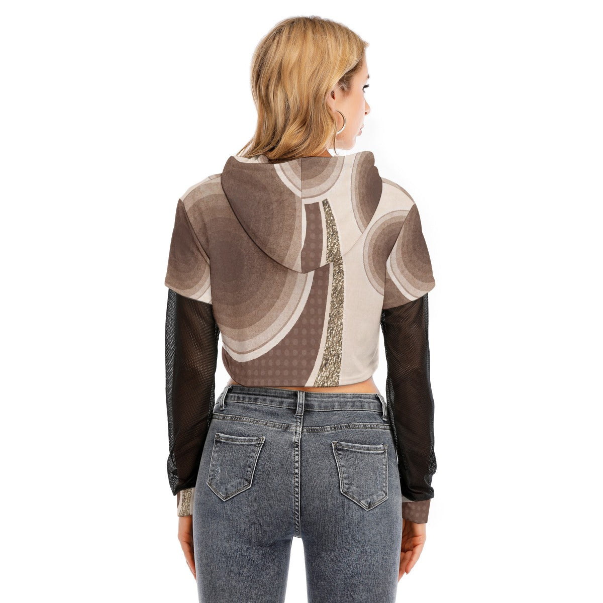 All-Over Print Women's Fake Two-piece Mesh Sleeve Cropped Hoodie