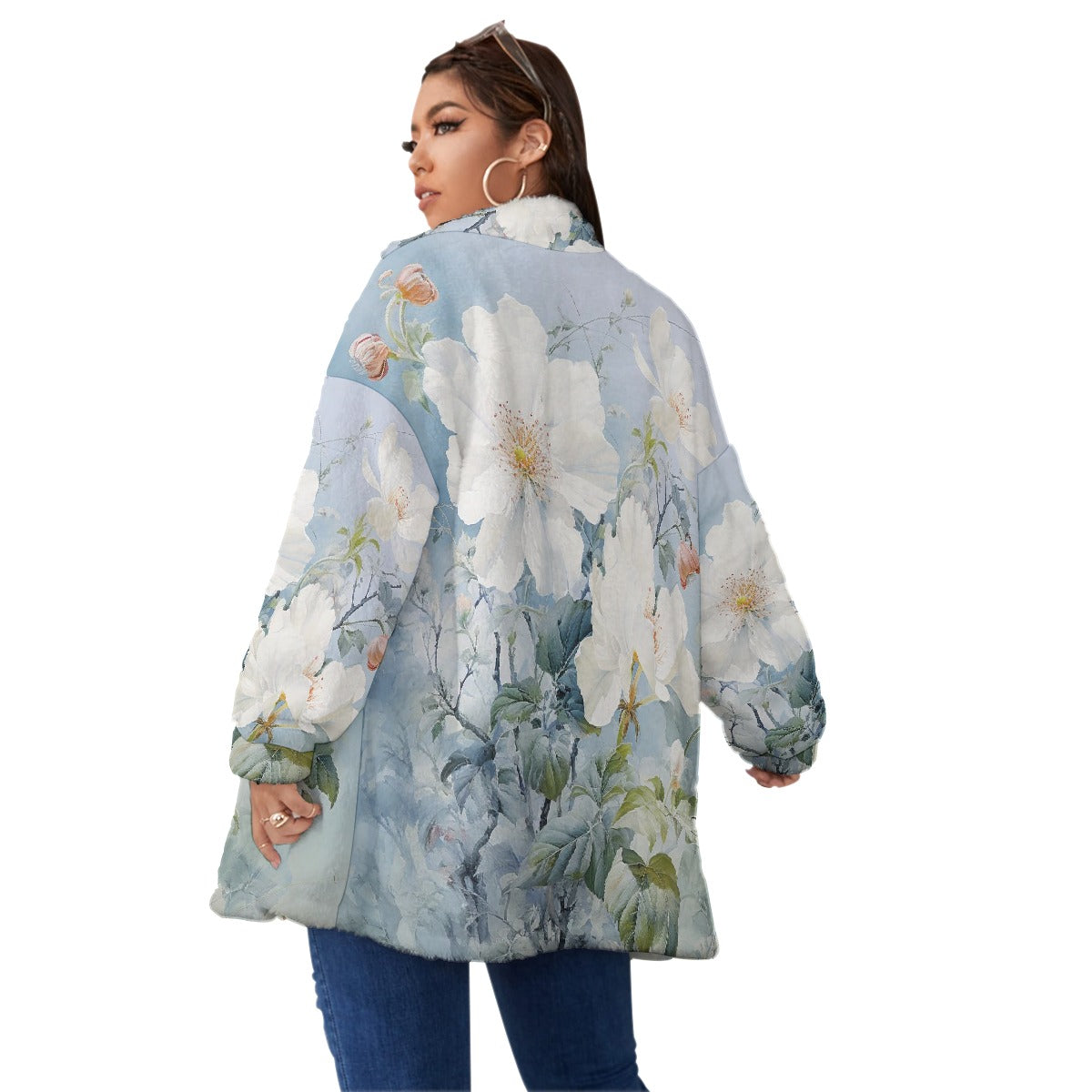 All-Over Print Unisex Borg Fleece Stand-up Collar Coat With Zipper Closure(Plus Size)