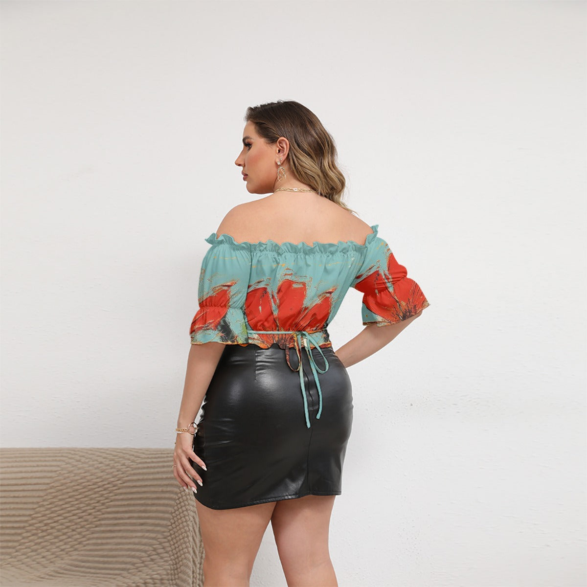 All-Over Print Women's Off-shoulder Cropped Top With Short Puff Sleeve