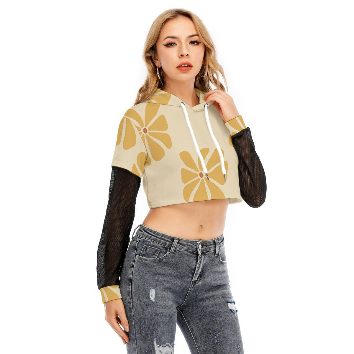 All-Over Print Women's Fake Two-piece Mesh Sleeve Cropped Hoodie