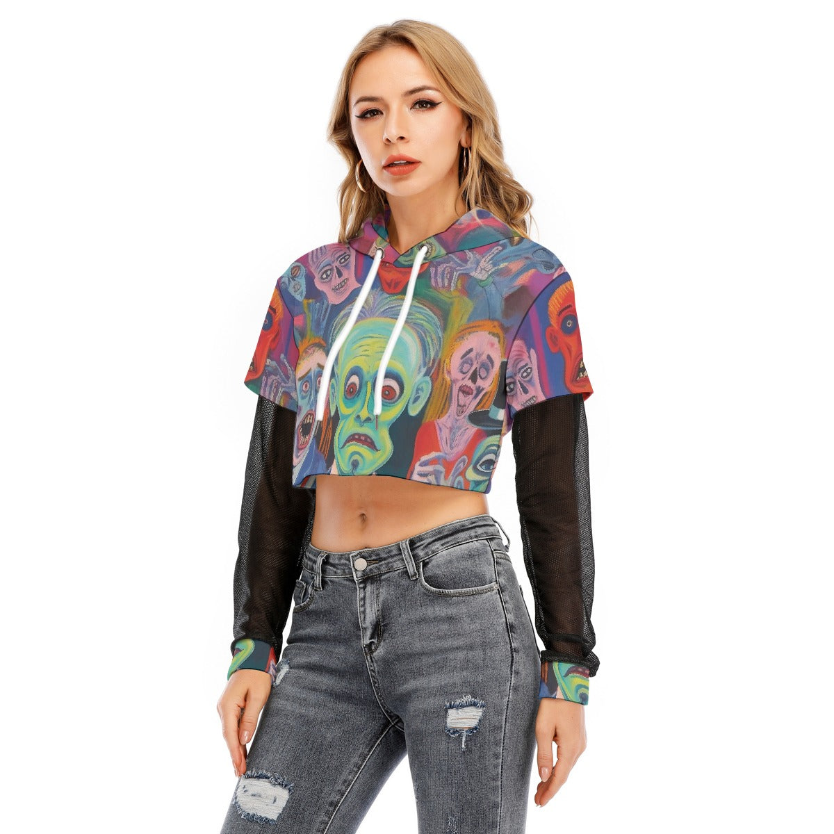 All-Over Print Women's Fake Two-piece Mesh Sleeve Cropped Hoodie