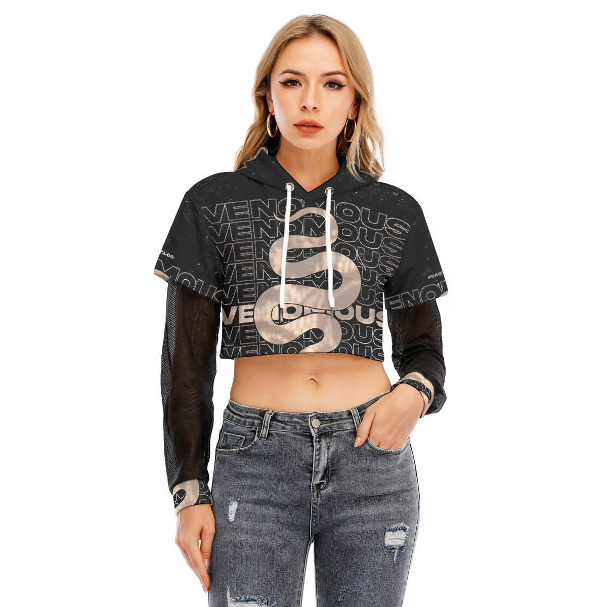 All-Over Print Women's Fake Two-piece Mesh Sleeve Cropped Hoodie