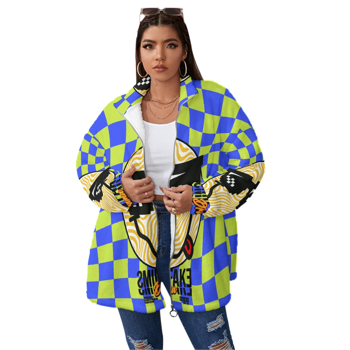 All-Over Print Unisex Borg Fleece Stand-up Collar Coat With Zipper Closure(Plus Size)