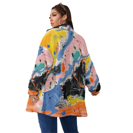 All-Over Print Unisex Borg Fleece Stand-up Collar Coat With Zipper Closure(Plus Size)