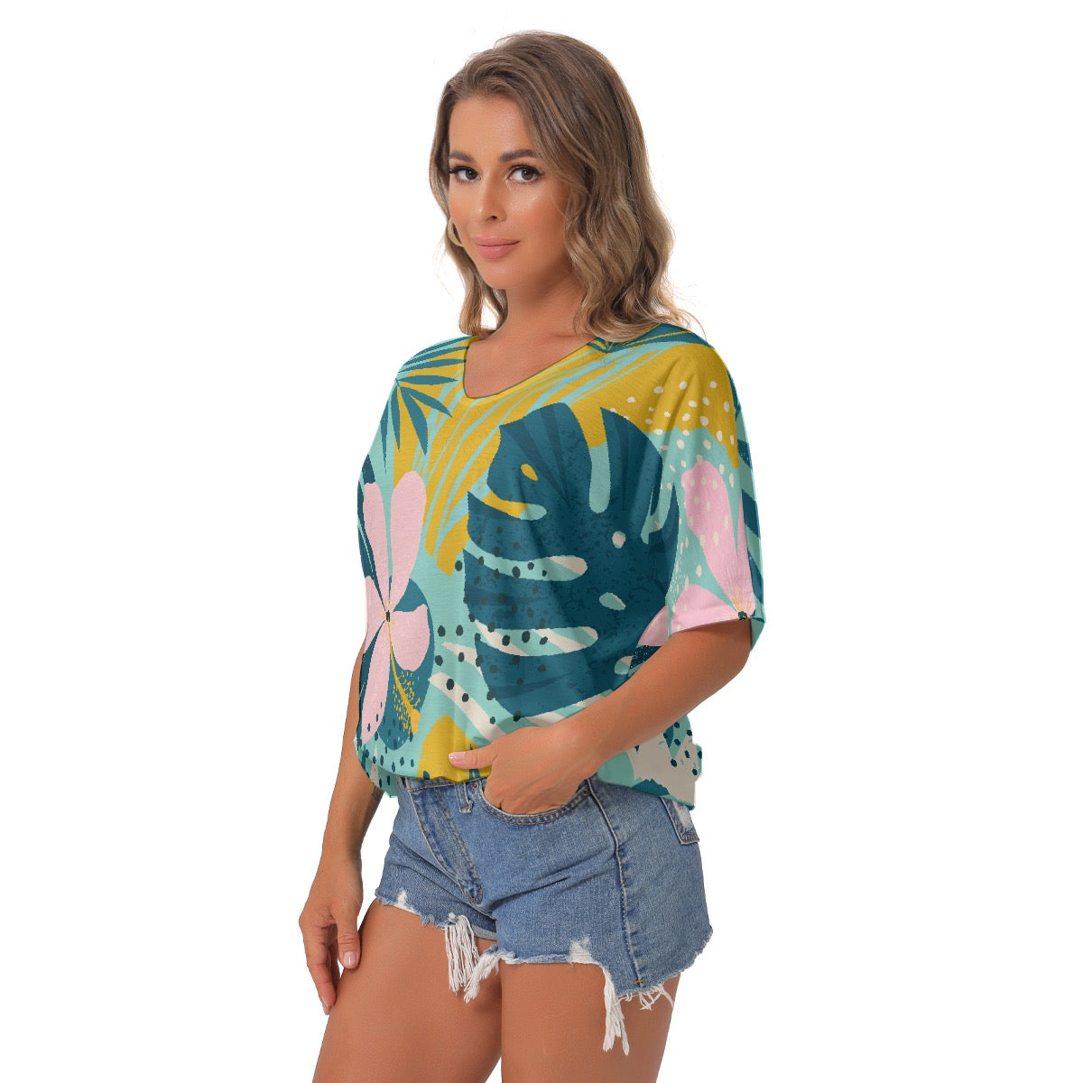 All-Over Print Women's Bat Sleeves V-Neck Blouse