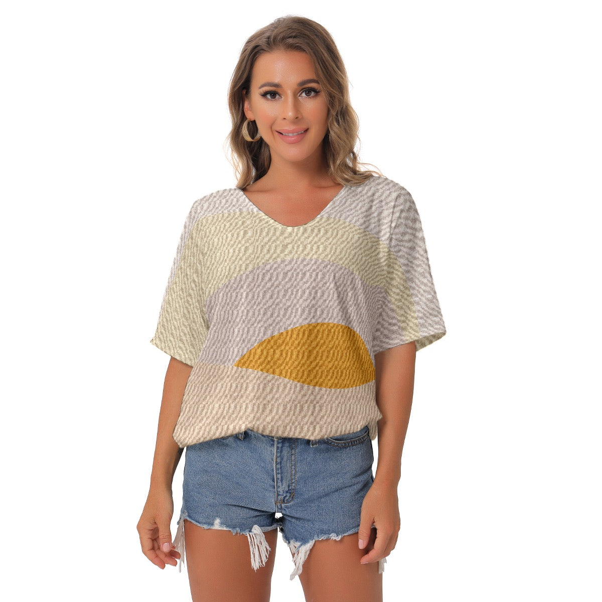 All-Over Print Women's Bat Sleeves V-Neck Blouse