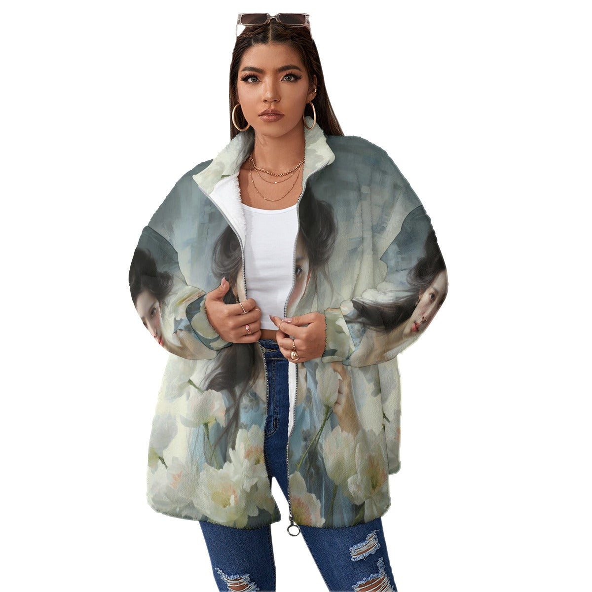 All-Over Print Unisex Borg Fleece Stand-up Collar Coat With Zipper Closure(Plus Size)
