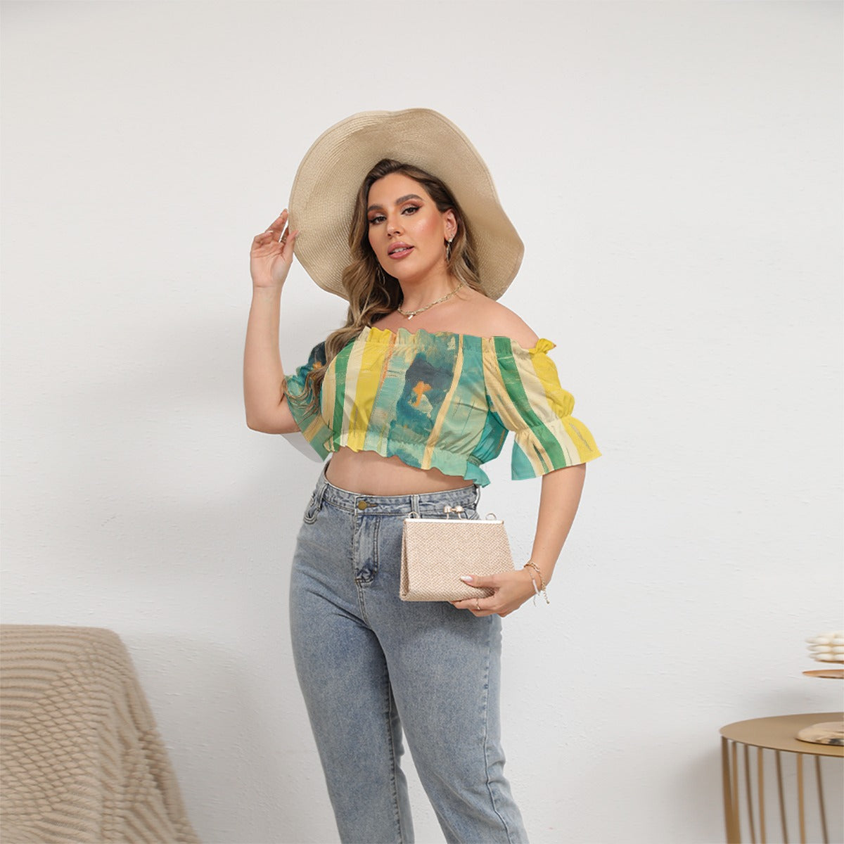 All-Over Print Women's Off-shoulder Cropped Top With Short Puff Sleeve