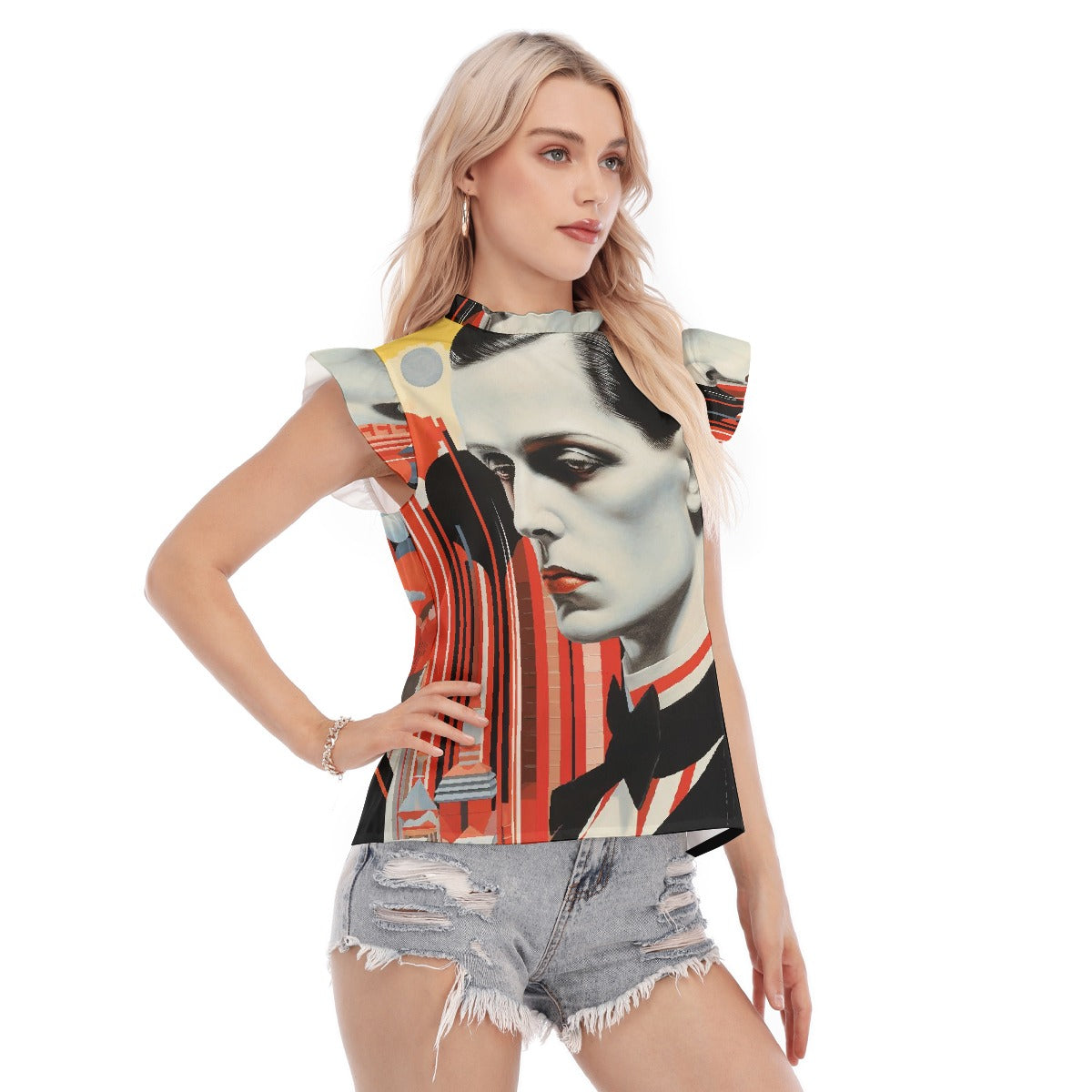 All-Over Print Women's Blouse With Ruffle Collar And Sleeve