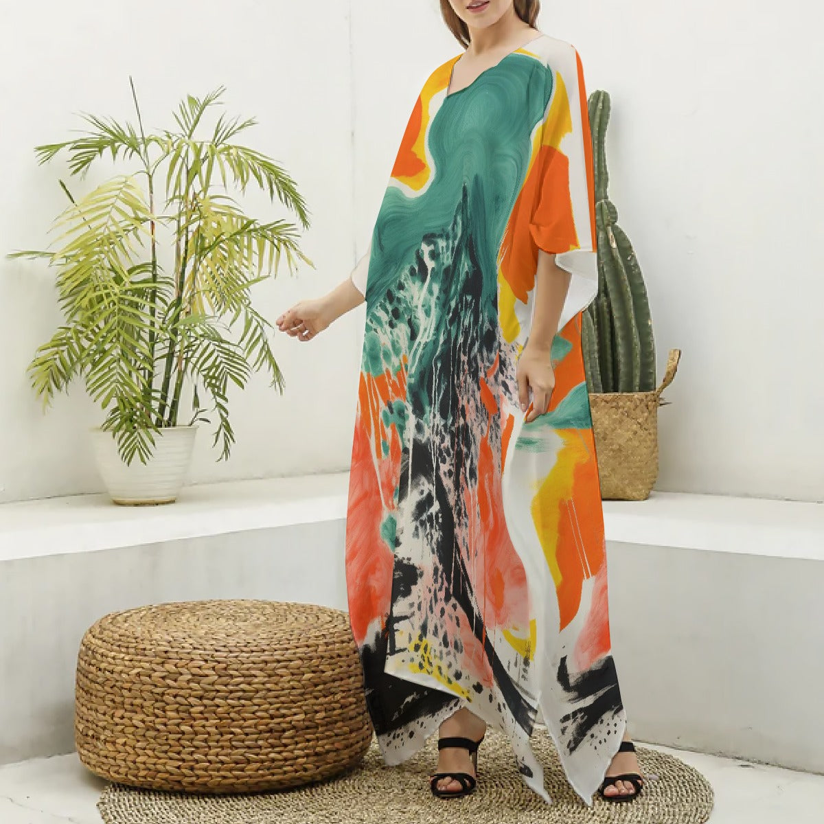 All-Over Print Women's Imitation Silk V-neck Kaftan Robe