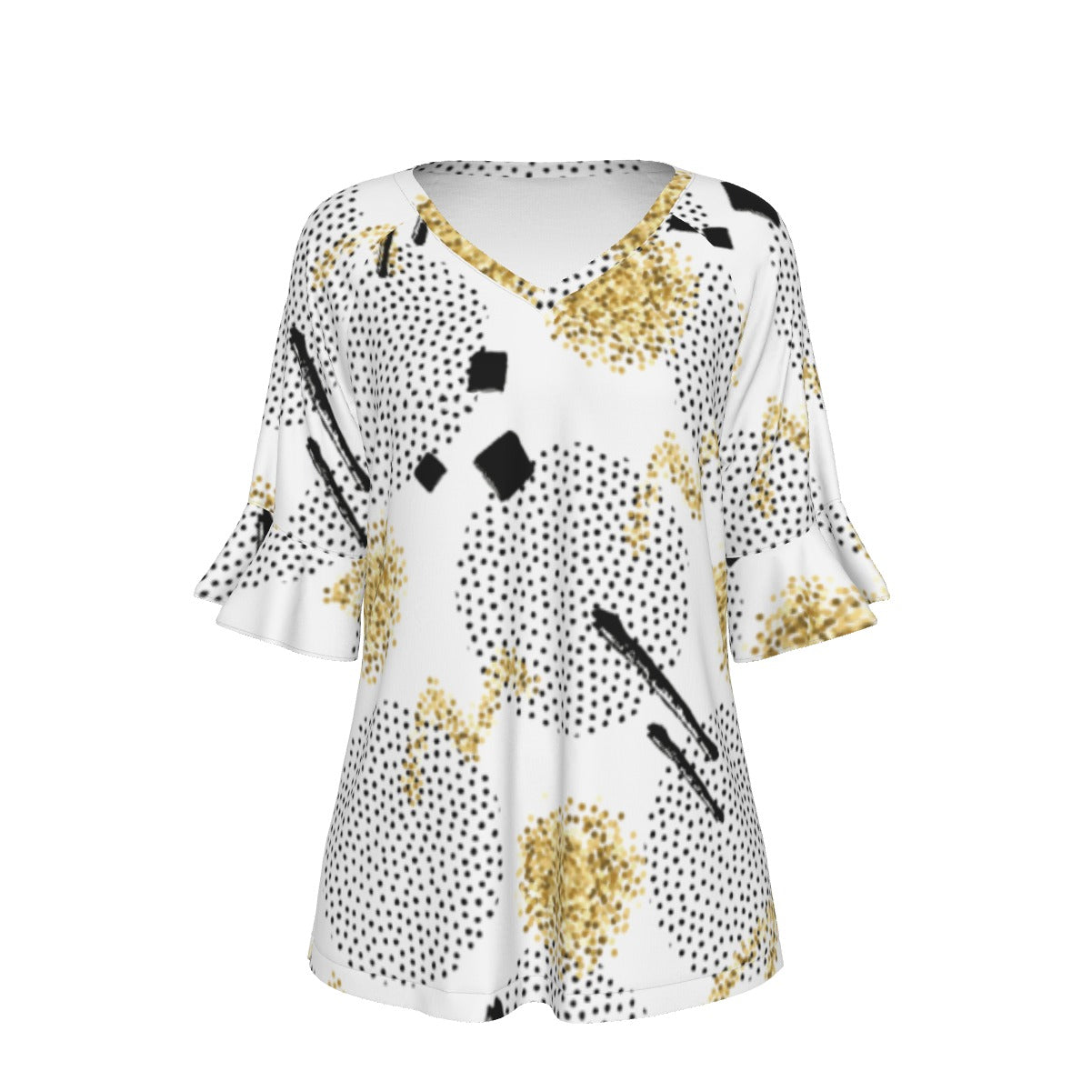 All-Over Print V-neck Women's T-shirt With Bell Sleeve